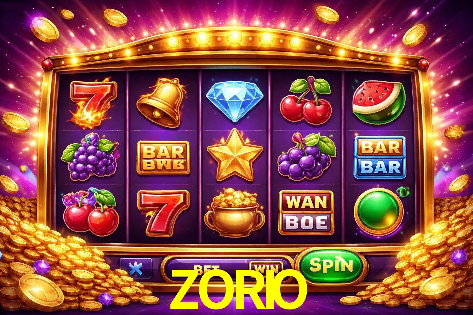 Una interfaz colorida de tragamonedas en línea con símbolos brillantes, monedas y un efecto de victoria celebratoria en ZORIO.